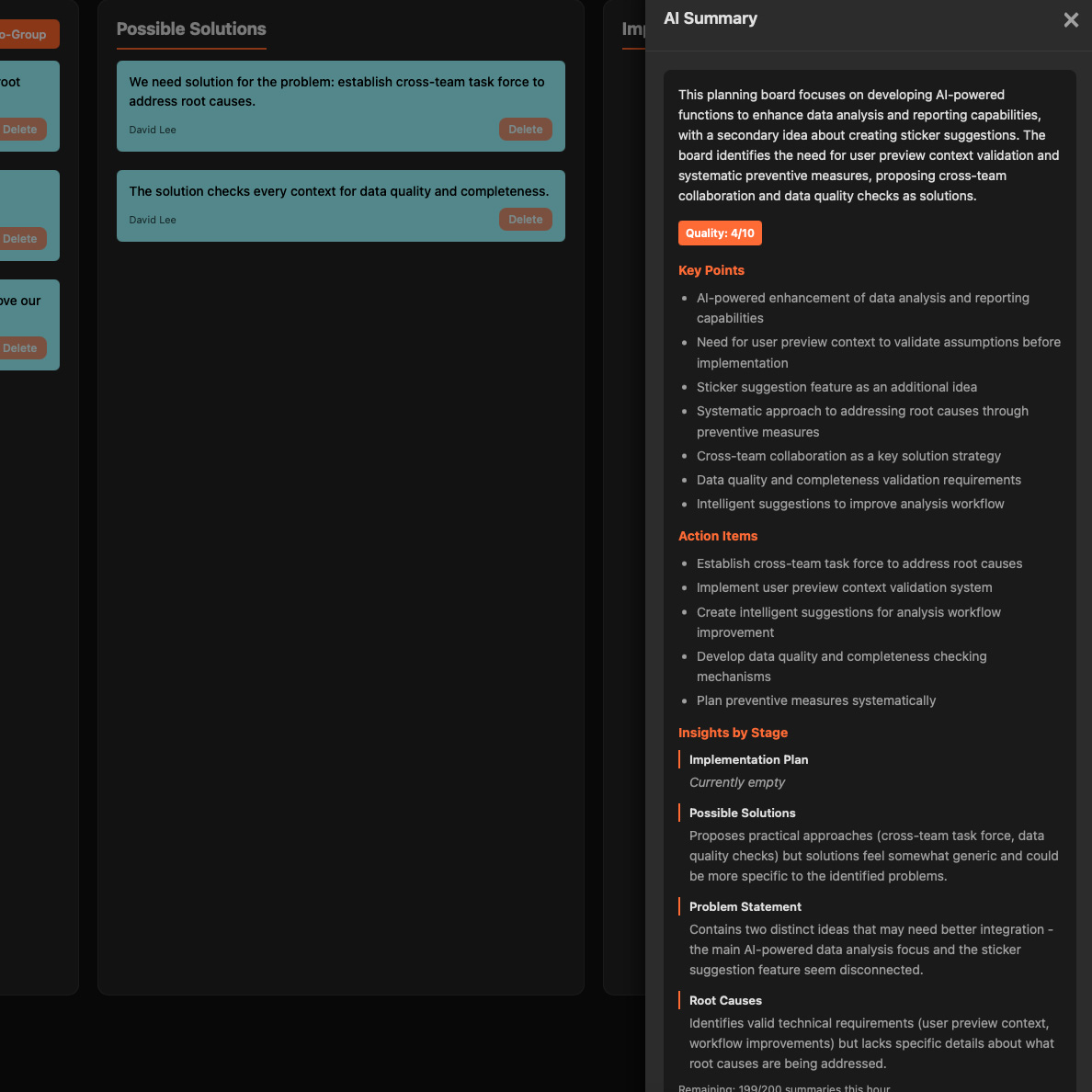 AI summary being generated from a board with multiple stickers
