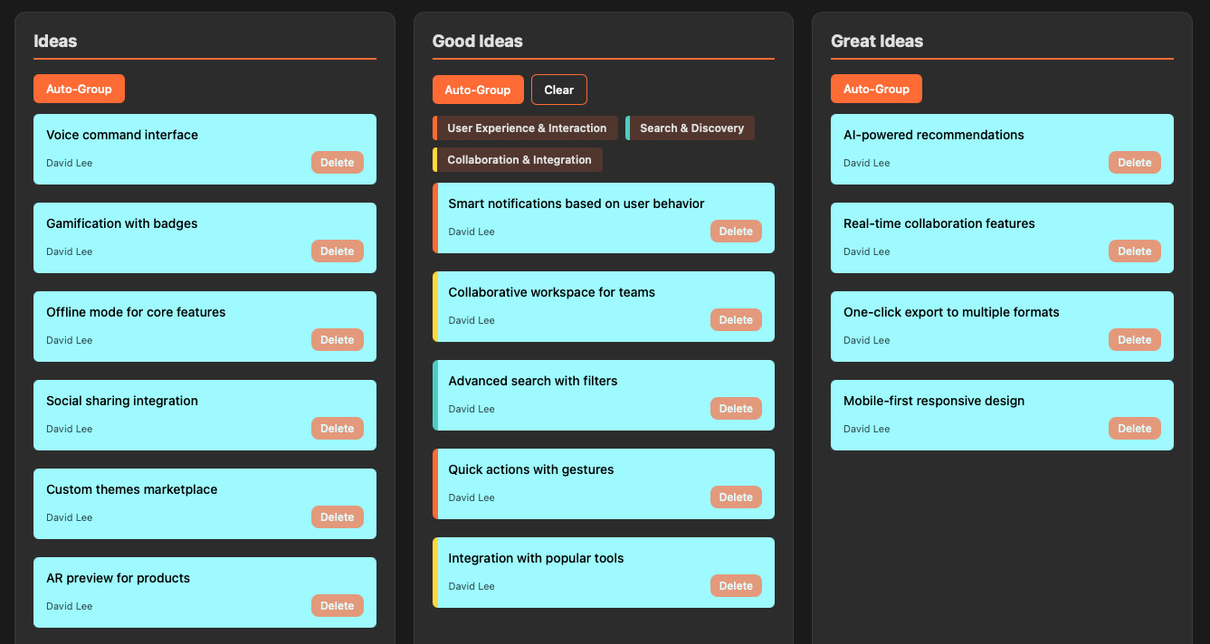 Brainstorming board with ideas organized across stages like Ideas, Good Ideas, Great Ideas, Let's Do It showing real-time collaboration