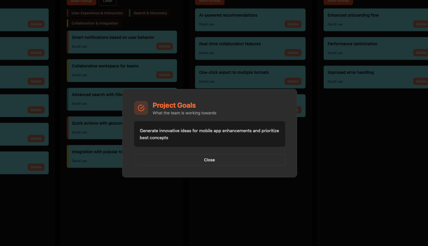 Close-up of colorful sticky notes with ideas being moved between stages showing collaborative sorting process