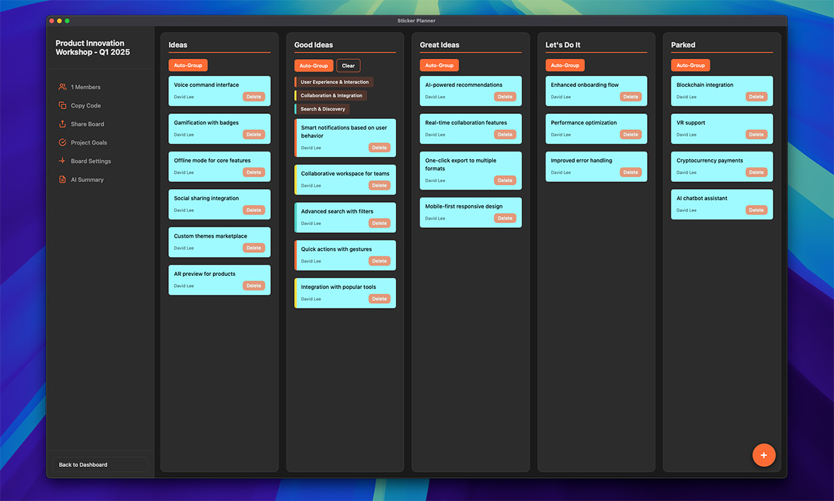 Full board view in desktop app showing stickers, segments, and collaboration features