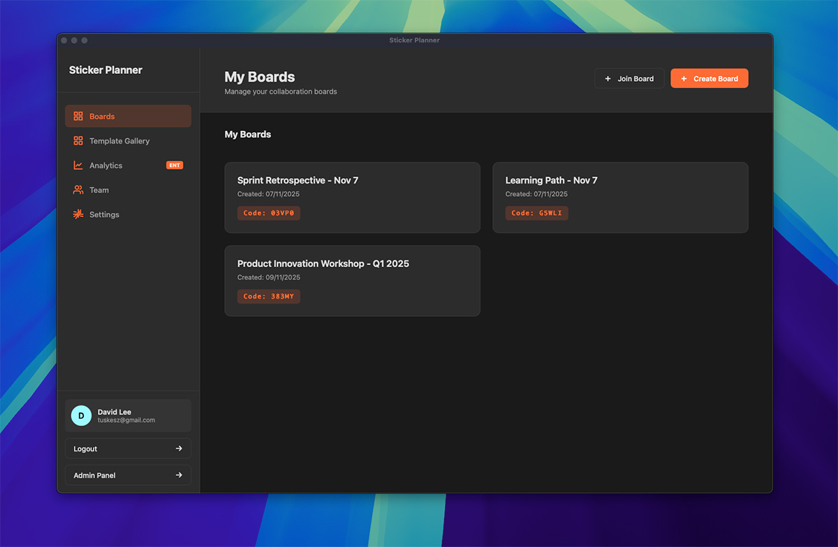 Desktop app dashboard showing list of boards with management options