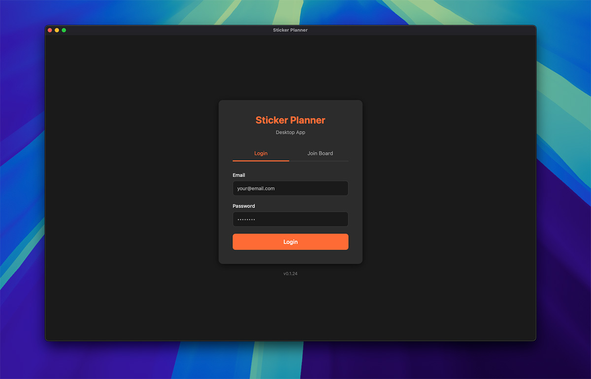 Sticker Planner desktop app login screen showing simple email and password interface