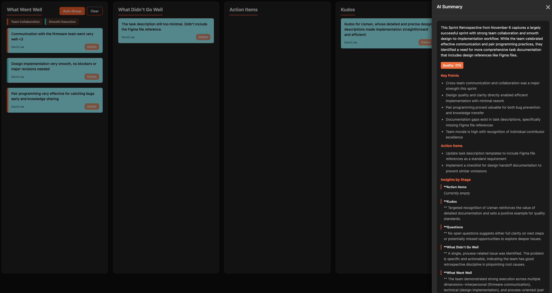 Retrospective board showing AI-generated summary with key themes and action items