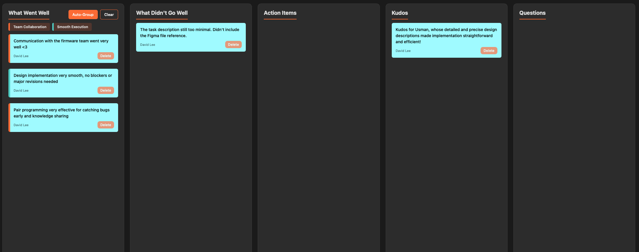 Screenshot of retrospective board with stickers - What Went Well, What Didn't Go Well, Action Items