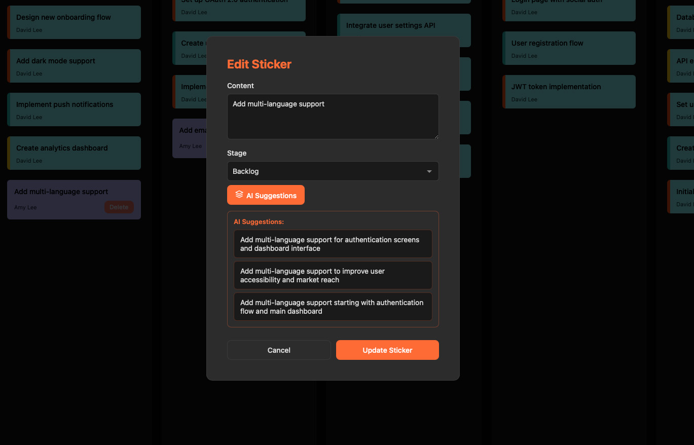 Close-up of user story cards with team members' comments and estimates showing collaborative discussion in real-time