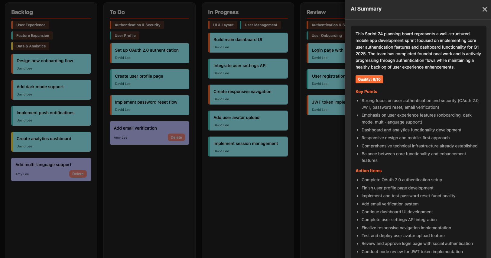 Team members collaborating on virtual planning board, adding sticky notes and moving stories between columns